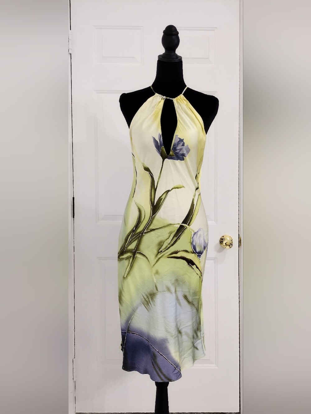 90's Victoria Secret Yellow Green Floral Halter Midi Nightgown.